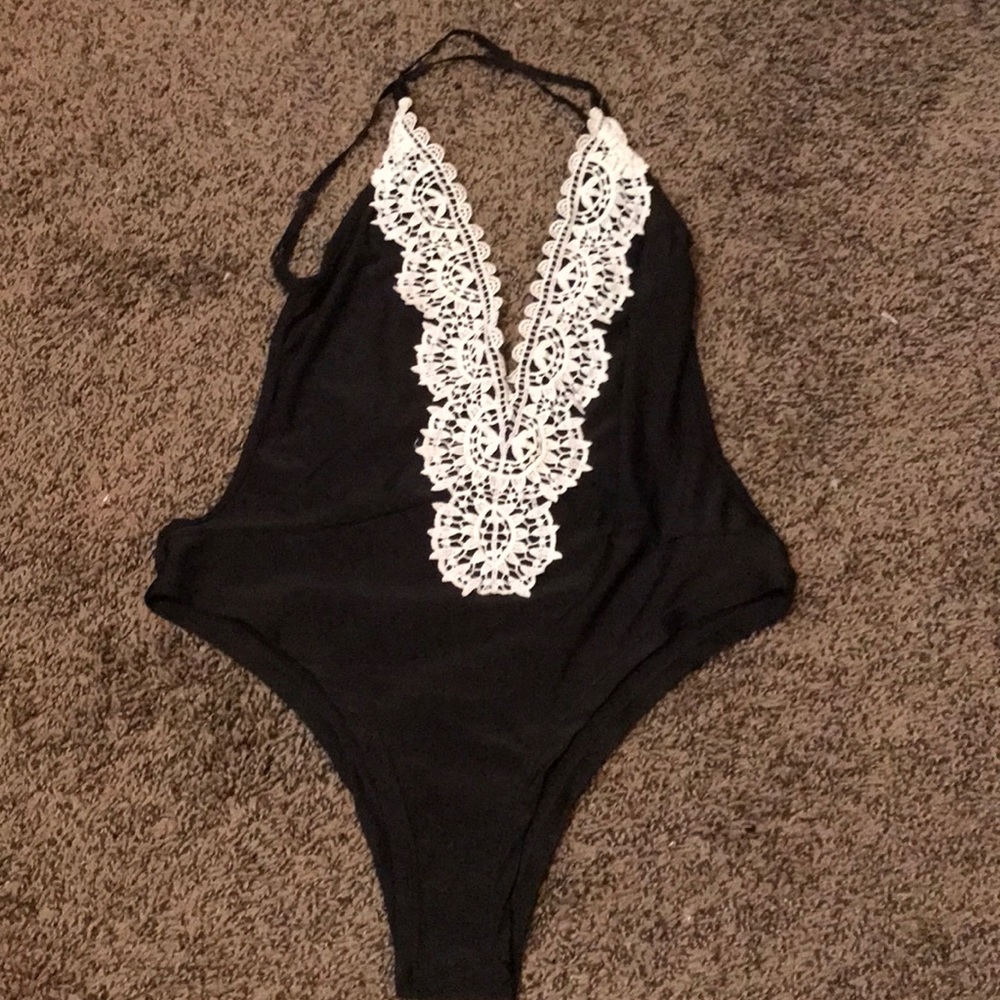 Black Deep V Open Back Bodysuite